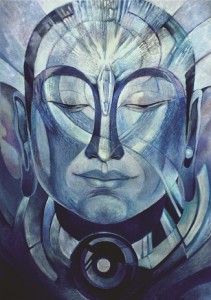 Painting of Buddha in blue hues, titled "Crystal Buddha"