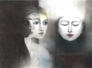 Painting of three women's faces in black and white, titled "Emergence: