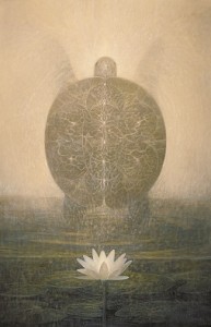 Painting of a turtle and lotus flower, titled "Immortal Water"