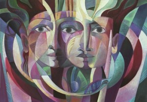 Cubist painting of three faces in greens, blues, and purples. Titled "Of an Ancient Civilization"